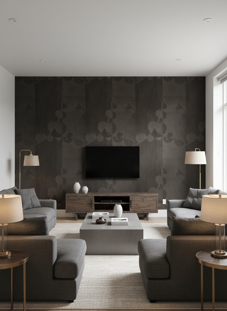 Ajiro Vineyard Ash | Maya Romanoff - Living Room Visualization (AI-generated, may not be to scale. Verify pattern scale with product specifications.)