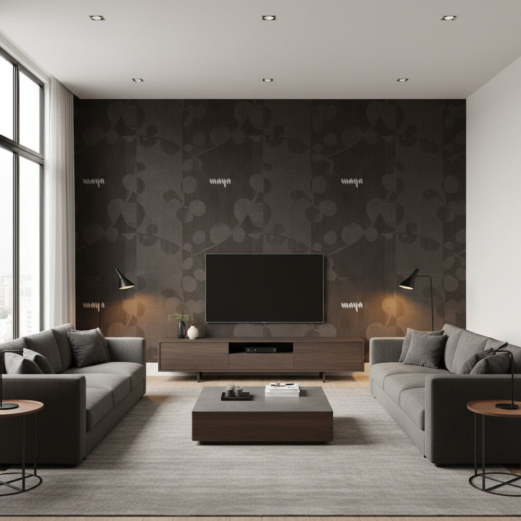 Ajiro Vineyard Ash Luster | Maya Romanoff - Living Room Visualization (AI-generated, may not be to scale. Verify pattern scale with product specifications.)