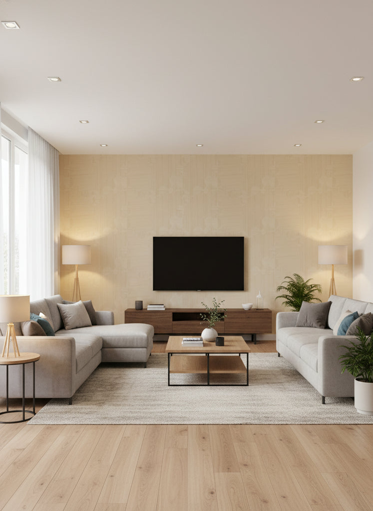 Ajiro Vineyard Bamboo | Maya Romanoff - Living Room Visualization (AI-generated, may not be to scale. Verify pattern scale with product specifications.)