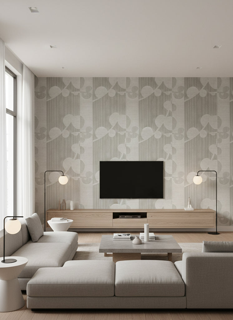 Ajiro Vineyard Polished Silver Birch Luster | Maya Romanoff - Living Room Visualization (AI-generated, may not be to scale. Verify pattern scale with product specifications.)