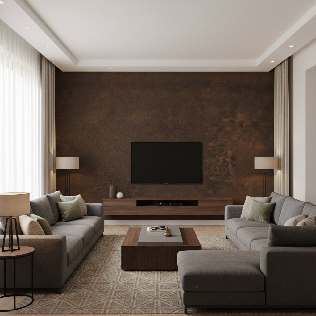 Weathered Walls - Lacquered Bark | Maya Romanoff - Living Room Visualization (AI-generated, may not be to scale. Verify pattern scale with product specifications.)
