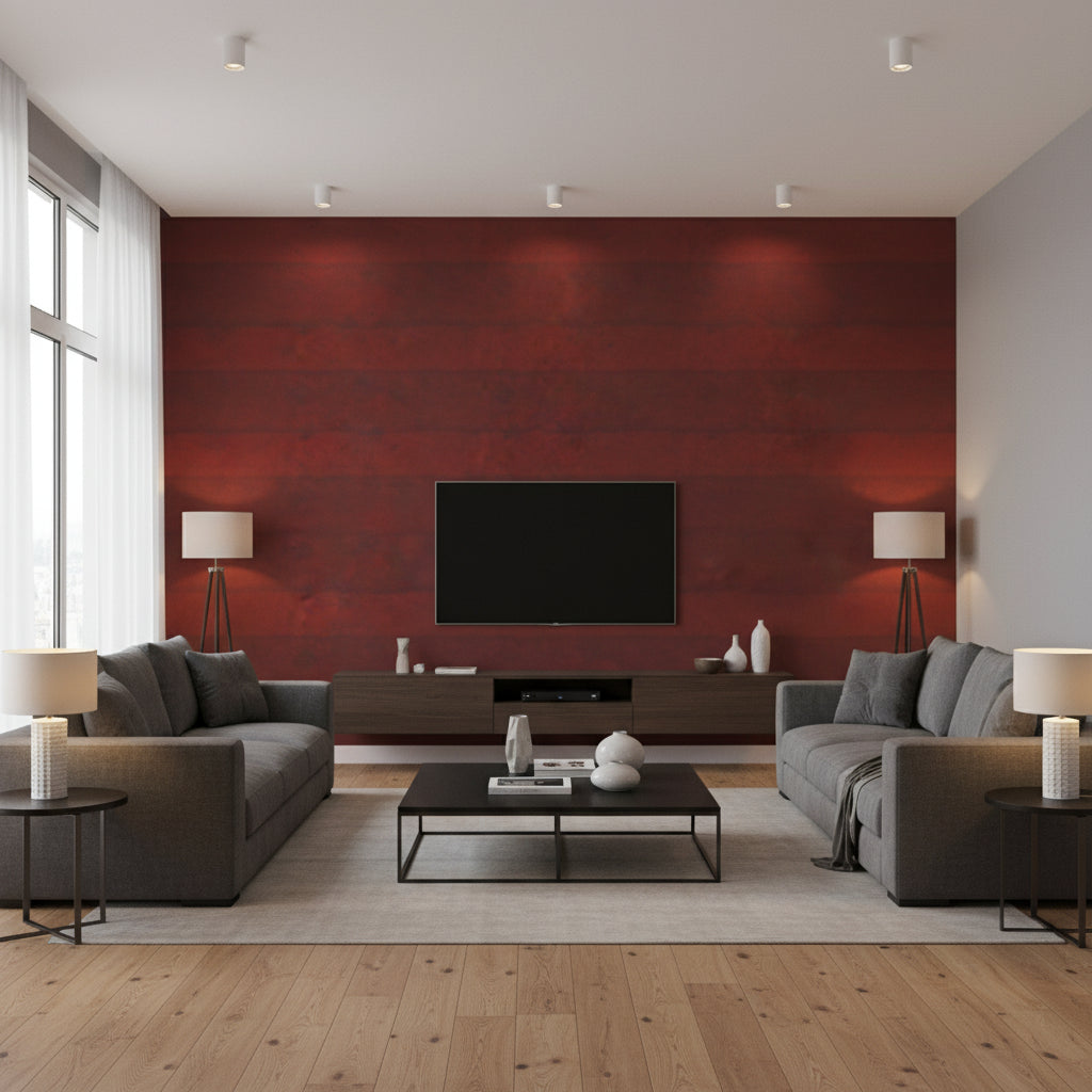 Weathered Walls - Lacquered Rust | Maya Romanoff - Living Room Visualization (AI-generated, may not be to scale. Verify pattern scale with product specifications.)