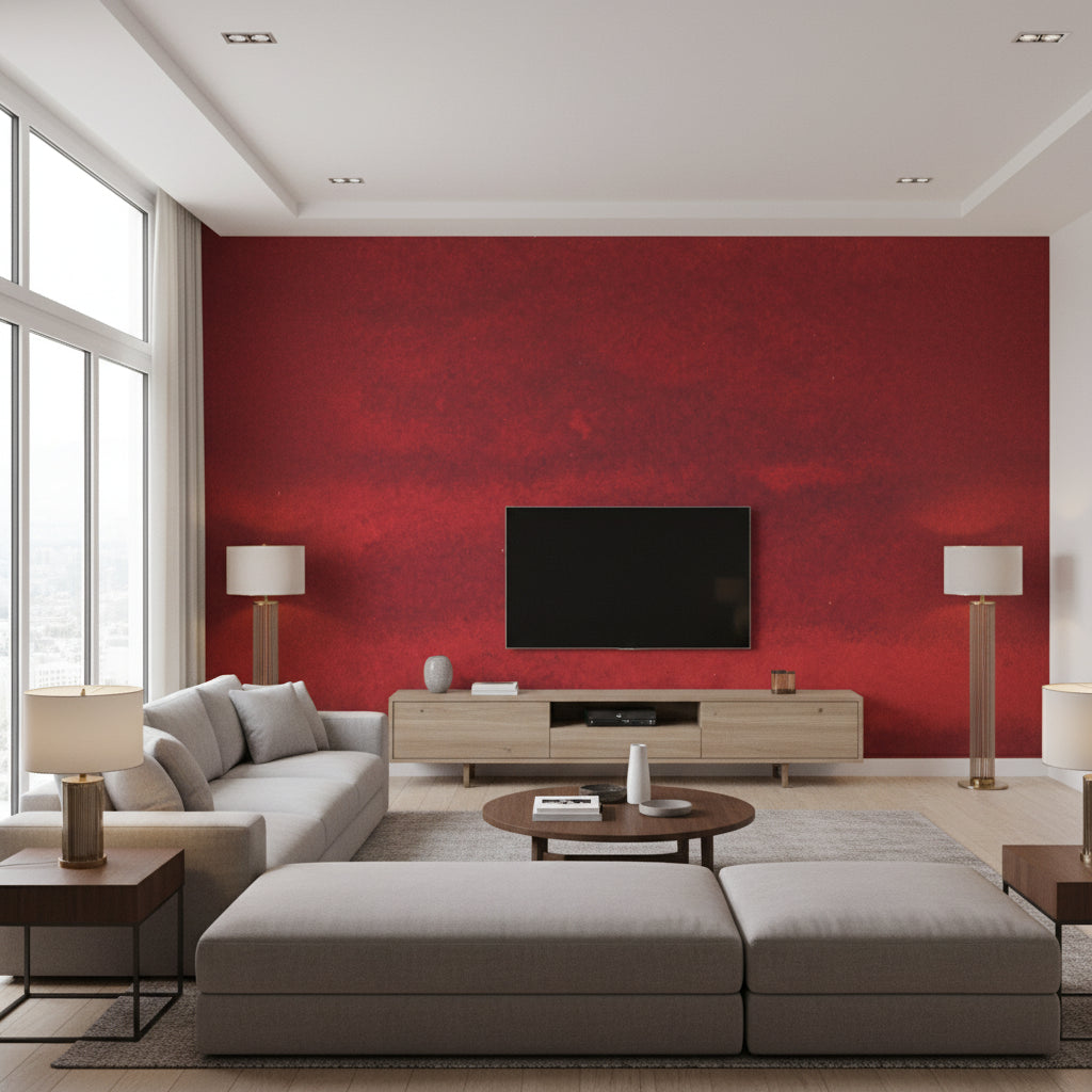 Weathered Walls - Candy Apple | Maya Romanoff - Living Room Visualization (AI-generated, may not be to scale. Verify pattern scale with product specifications.)