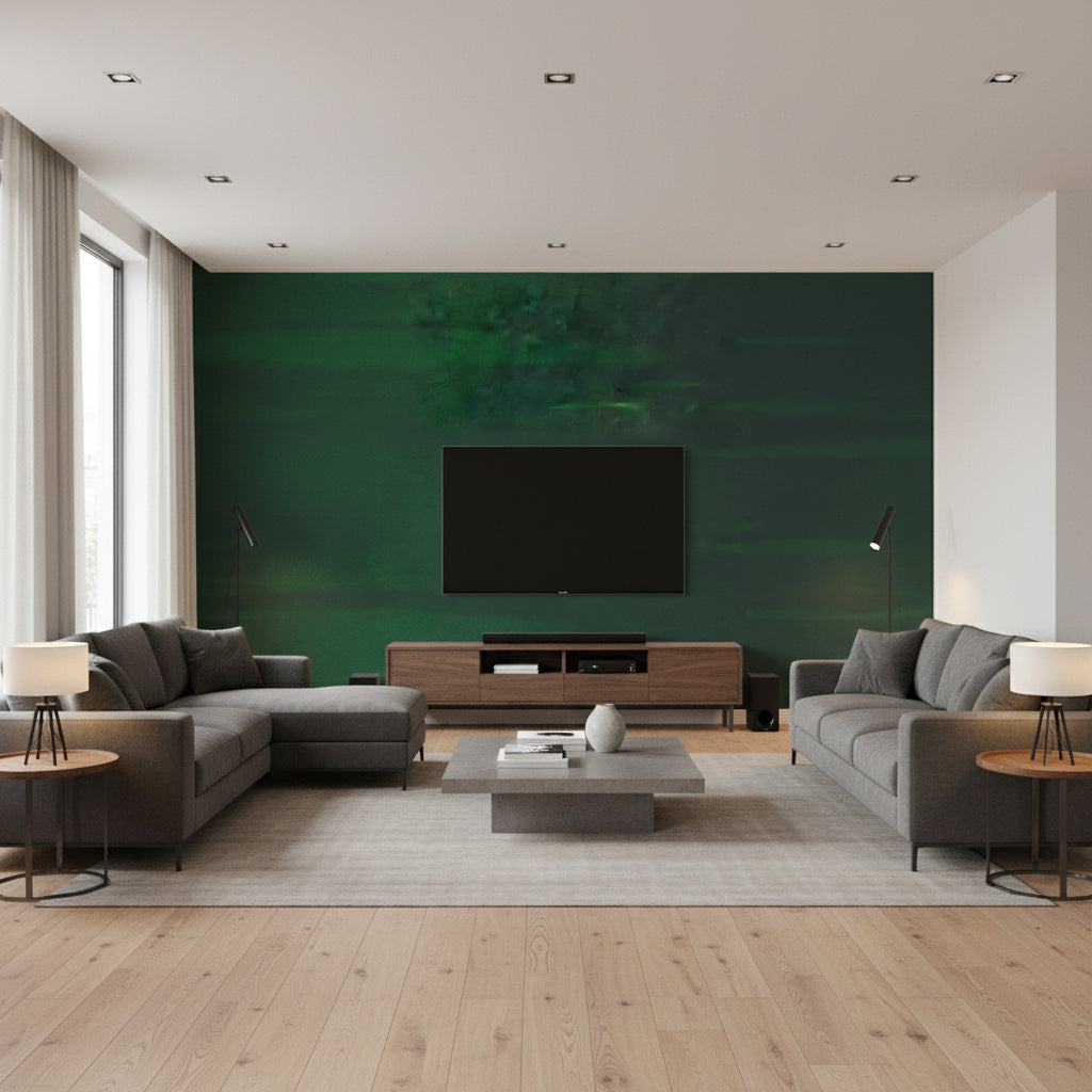 Weathered Walls - Bottle Green | Maya Romanoff - Living Room Visualization (AI-generated, may not be to scale. Verify pattern scale with product specifications.)