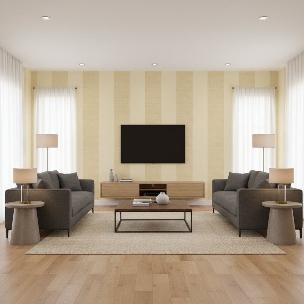 Bali Grasscloth Stripe | Jeffrey Stevens - Living Room Visualization (AI-generated, may not be to scale. Verify pattern scale with product specifications.)