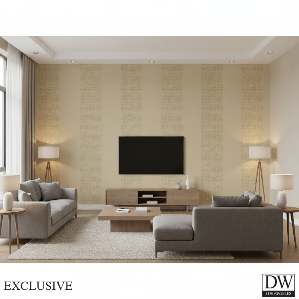 Bali Grasscloth Stripe | Jeffrey Stevens - Living Room Visualization (AI-generated, may not be to scale. Verify pattern scale with product specifications.)