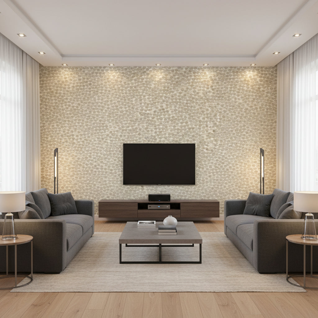 Beadazzled Pearlie | Maya Romanoff - Living Room Visualization (AI-generated, may not be to scale. Verify pattern scale with product specifications.)