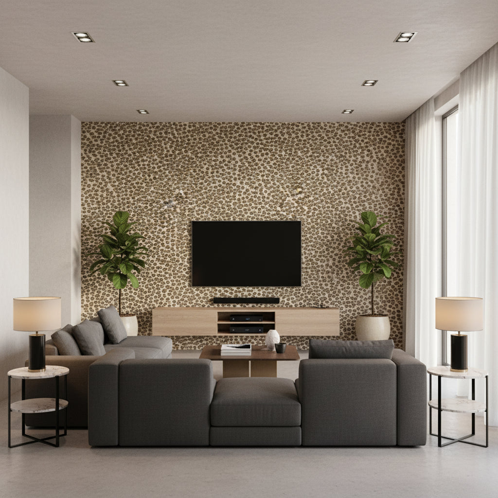 Beadazzled Metallic Taupe | Maya Romanoff - Living Room Visualization (AI-generated, may not be to scale. Verify pattern scale with product specifications.)