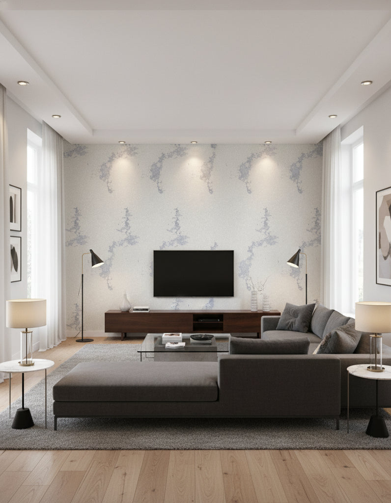 Beadazzled Leaf - Bianca Silver Leaf | Maya Romanoff - Living Room Visualization (AI-generated, may not be to scale. Verify pattern scale with product specifications.)