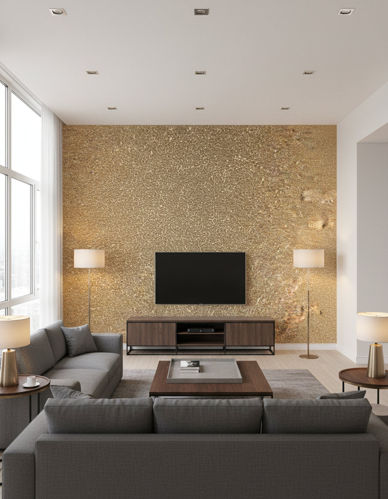 Beadazzled Leaf - Golda Leaf | Maya Romanoff - Living Room Visualization (AI-generated, may not be to scale. Verify pattern scale with product specifications.)