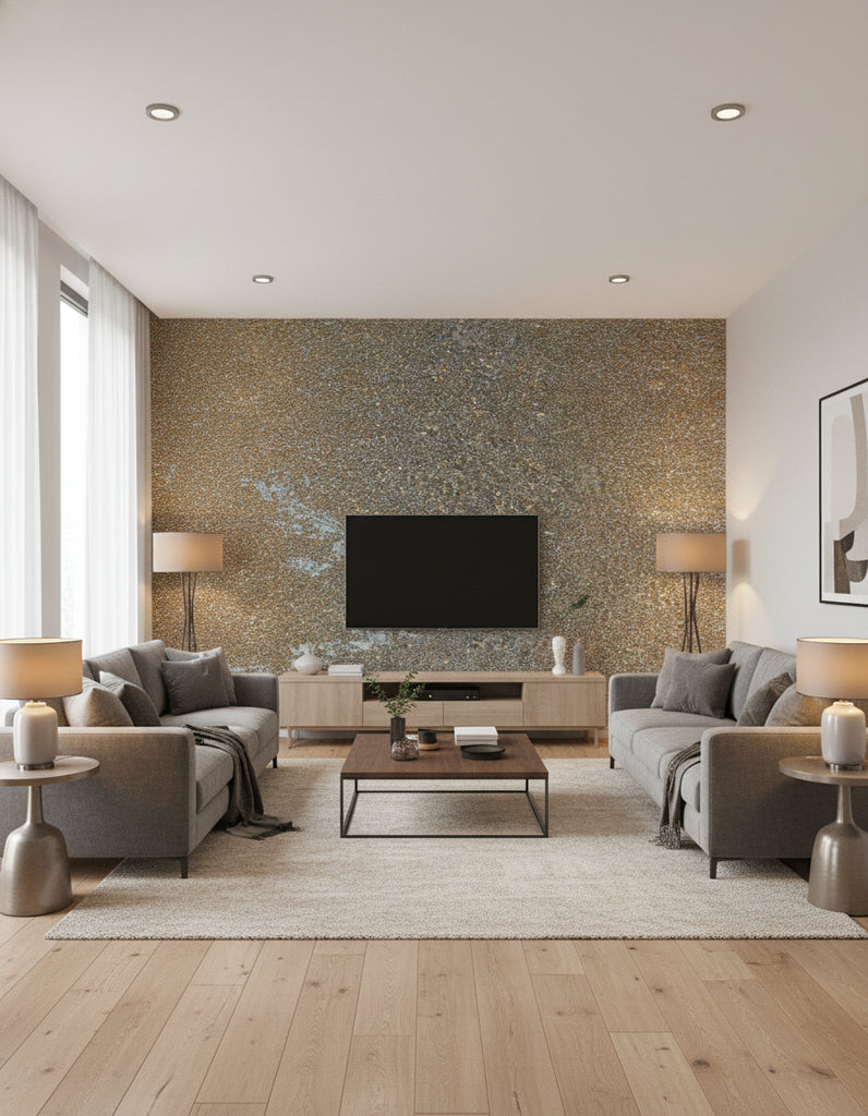 Beadazzled Leaf - Scotch 'n Soda Leaf | Maya Romanoff - Living Room Visualization (AI-generated, may not be to scale. Verify pattern scale with product specifications.)