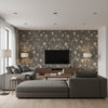 Before Midnight - Charcoal Wallcovering | Schumacher - Living Room Visualization (AI-generated, may not be to scale. Verify pattern scale with product specifications.)
