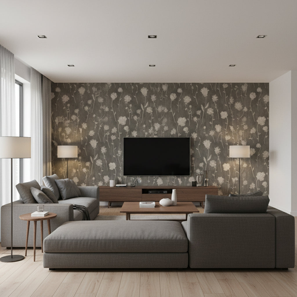 Before Midnight - Charcoal Wallcovering | Schumacher - Living Room Visualization (AI-generated, may not be to scale. Verify pattern scale with product specifications.)