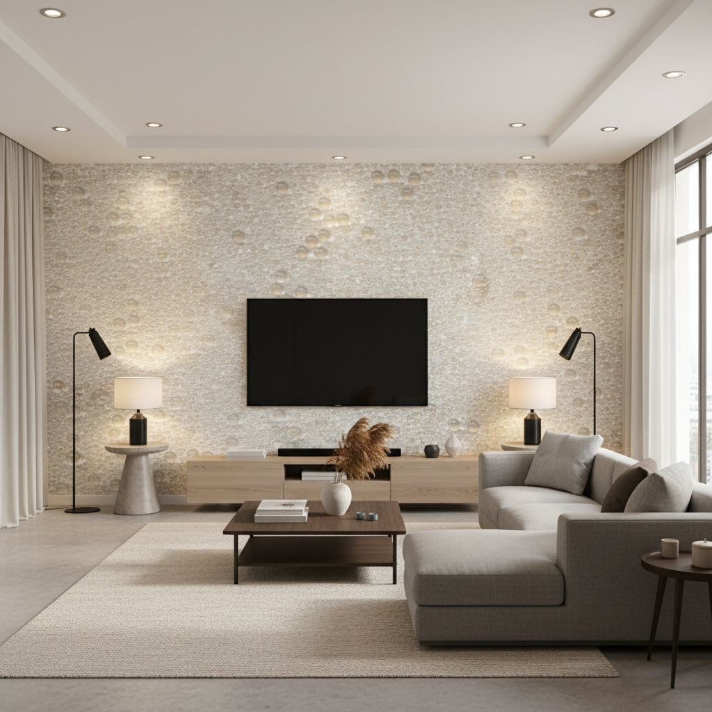 Beadazzled Geode - Bianca | Maya Romanoff - Living Room Visualization (AI-generated, may not be to scale. Verify pattern scale with product specifications.)