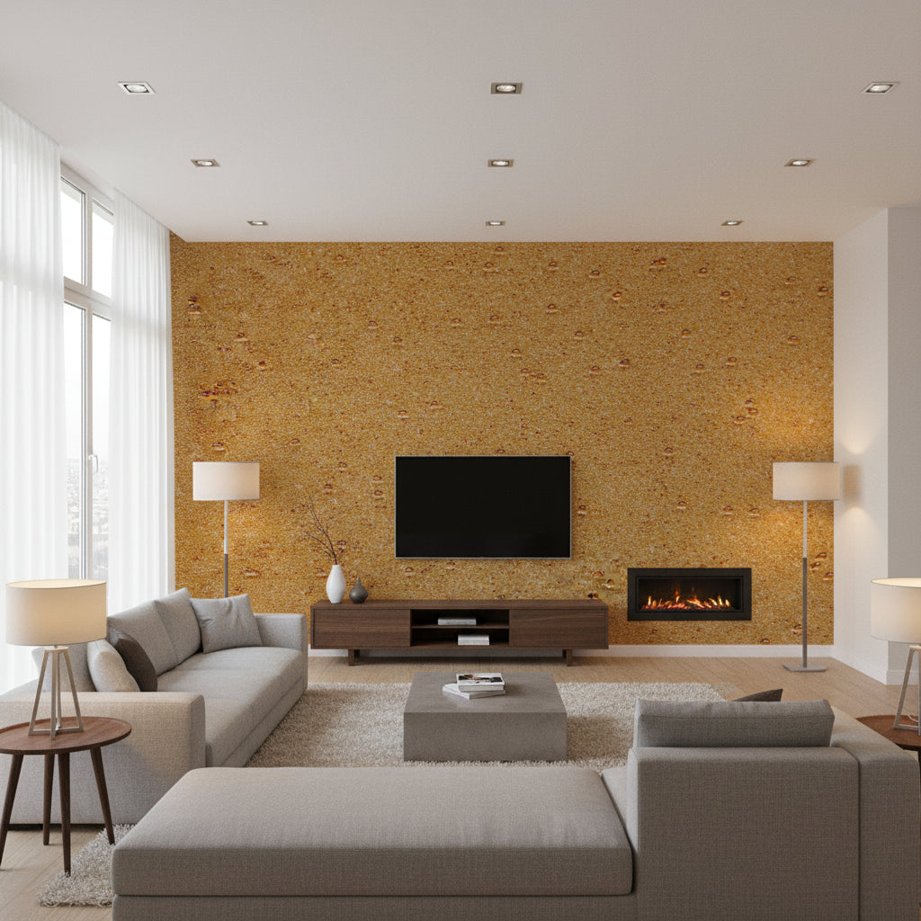 Beadazzled Sparkle Geode - Fields of Gold | Maya Romanoff - Living Room Visualization (AI-generated, may not be to scale. Verify pattern scale with product specifications.)