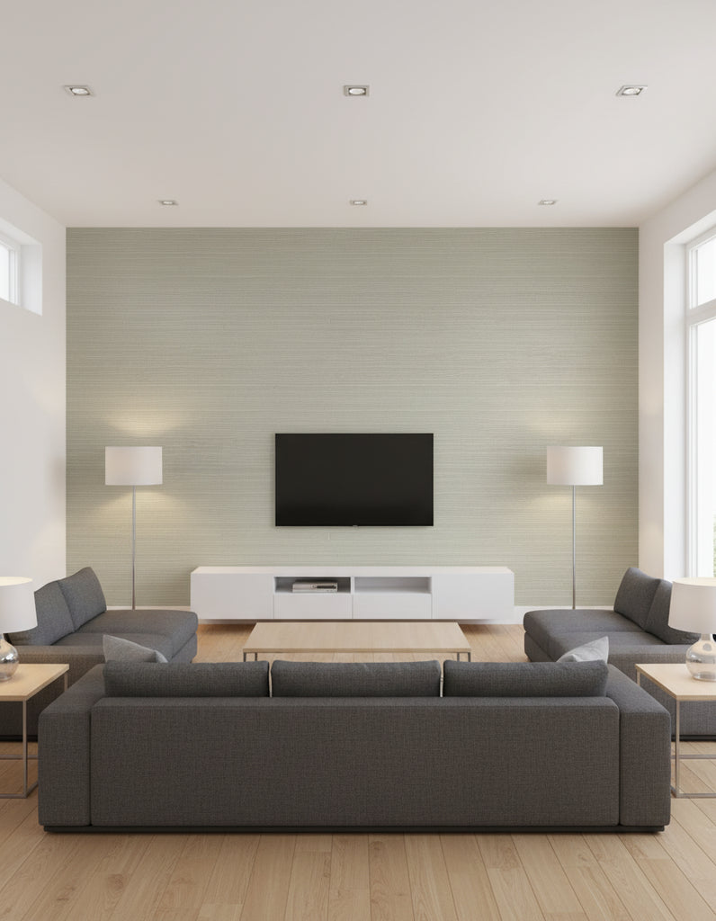 Maguey Green Sisal Wallcovering Green | Ralph Lauren - Living Room Visualization (AI-generated, may not be to scale. Verify pattern scale with product specifications.)