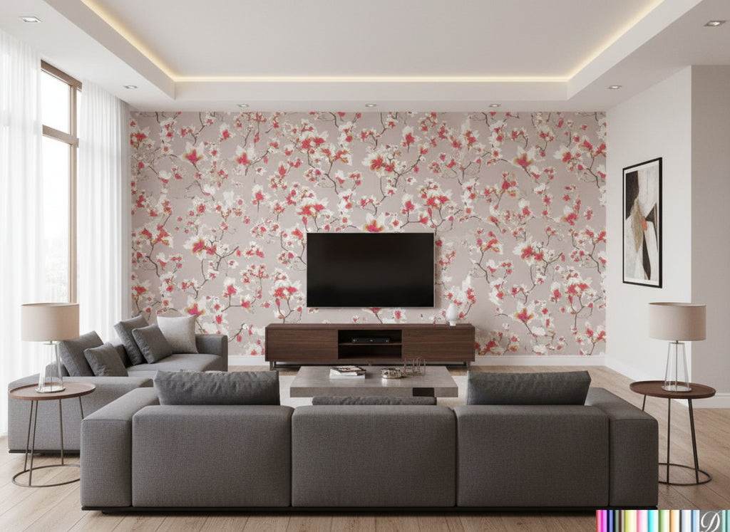 Bulgara Floral Vine - Living Room Visualization (AI-generated, may not be to scale. Verify pattern scale with product specifications.)