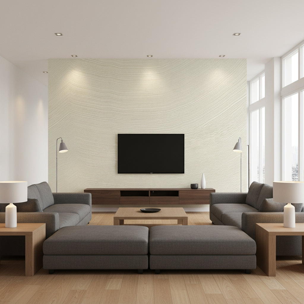 Calero En Quête De Perfection | Elitis - Living Room Visualization (AI-generated, may not be to scale. Verify pattern scale with product specifications.)