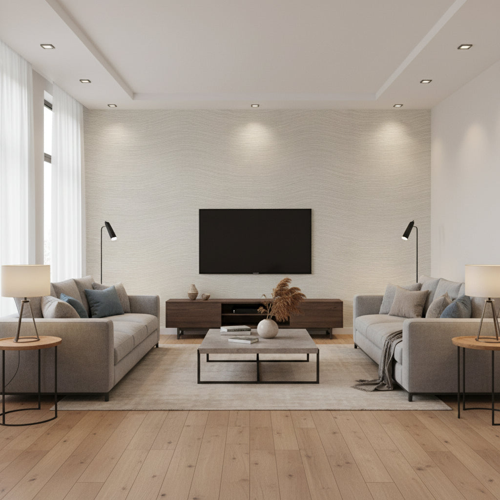 Calero Satin De Lumière | Elitis - Living Room Visualization (AI-generated, may not be to scale. Verify pattern scale with product specifications.)