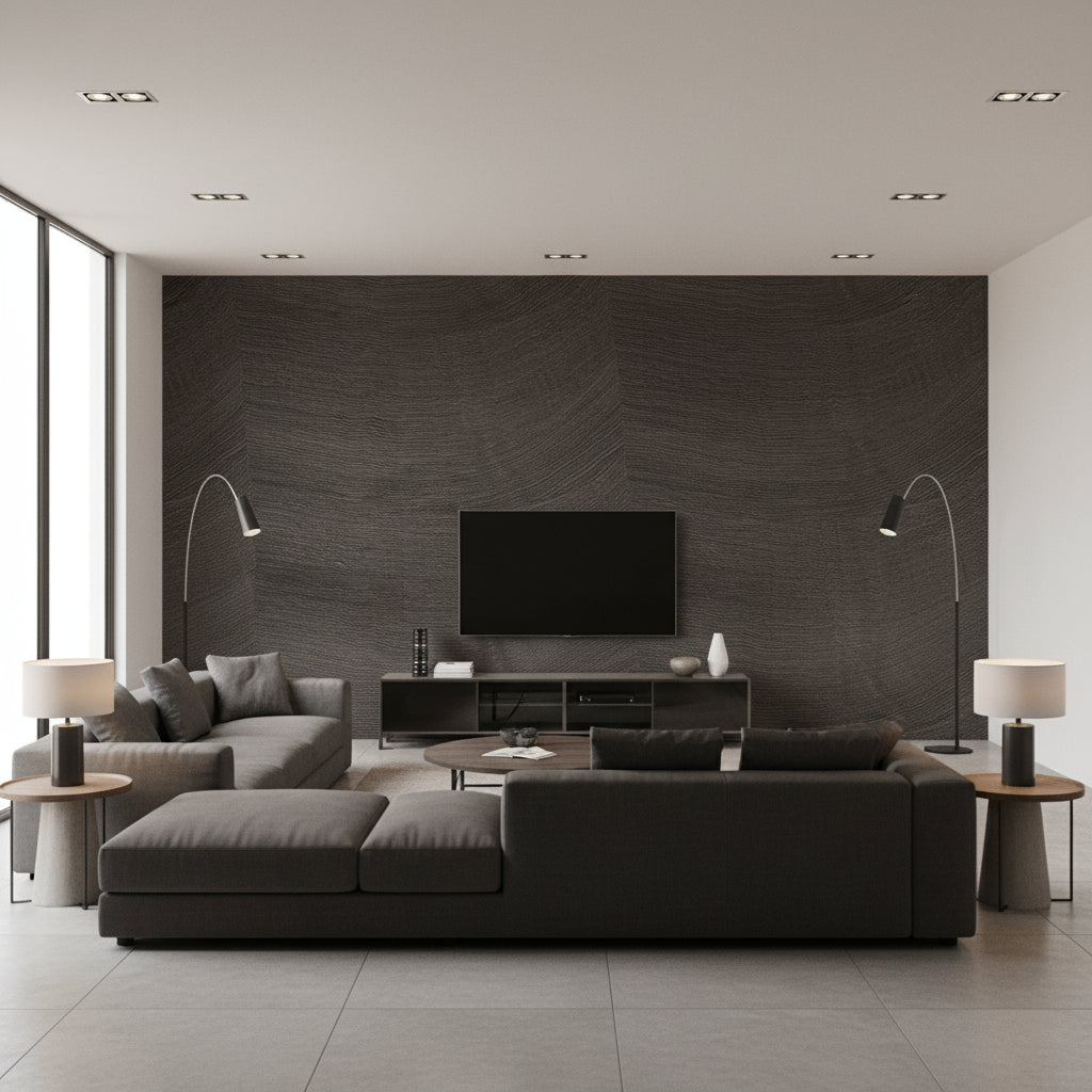 Calero Une Mystique Beauté | Elitis - Living Room Visualization (AI-generated, may not be to scale. Verify pattern scale with product specifications.)