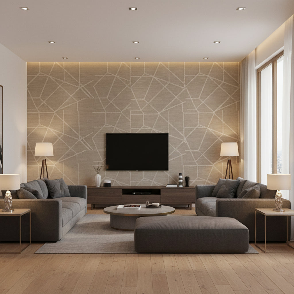Celestial Loom | Architectural Wallcoverings - Living Room Visualization (AI-generated, may not be to scale. Verify pattern scale with product specifications.)