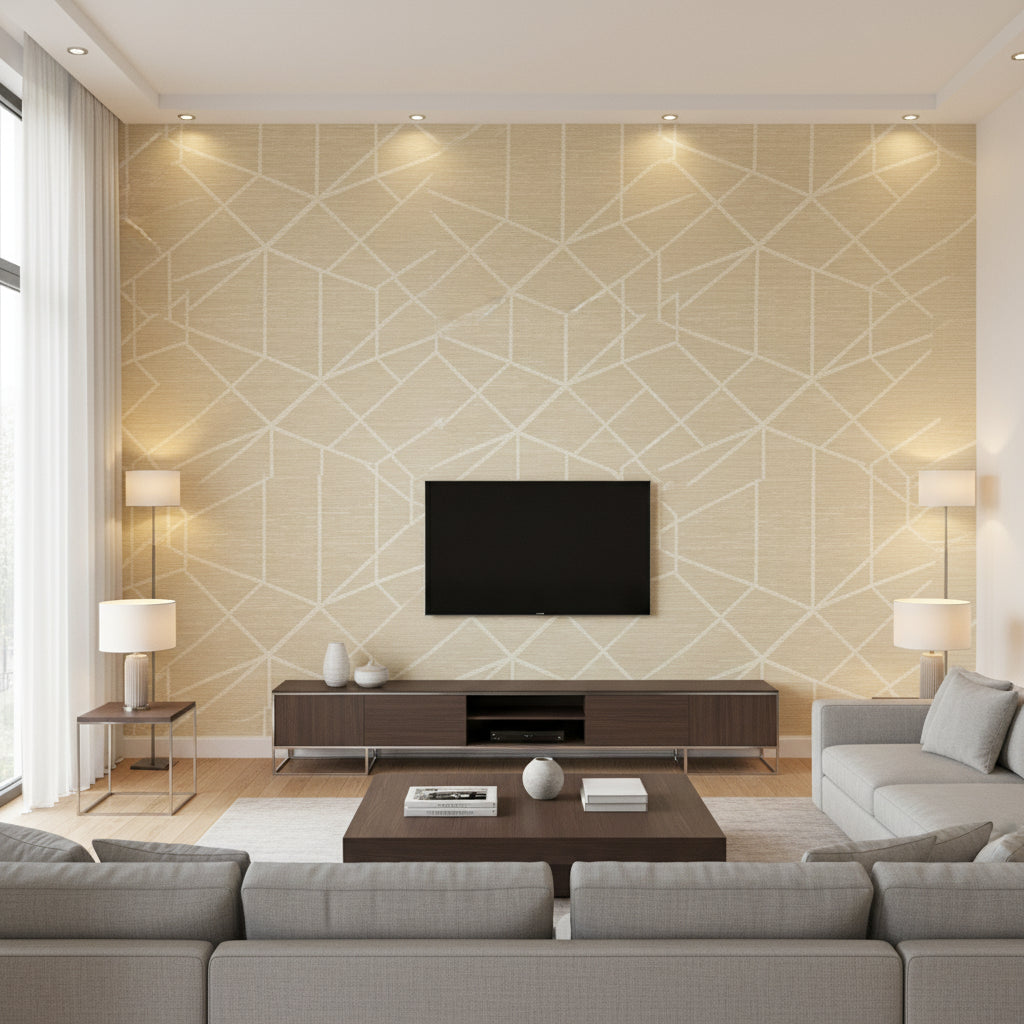 Celestial Loom | Architectural Wallcoverings - Living Room Visualization (AI-generated, may not be to scale. Verify pattern scale with product specifications.)