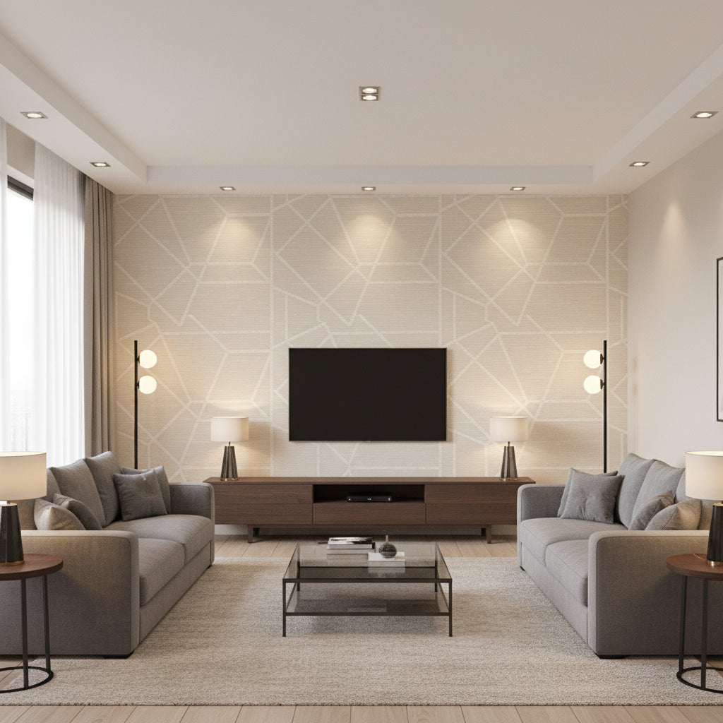 Celestial Loom | Architectural Wallcoverings - Living Room Visualization (AI-generated, may not be to scale. Verify pattern scale with product specifications.)