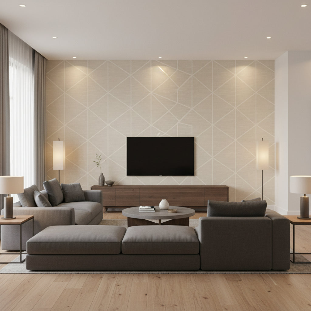 Celestial Loom | Architectural Wallcoverings - Living Room Visualization (AI-generated, may not be to scale. Verify pattern scale with product specifications.)