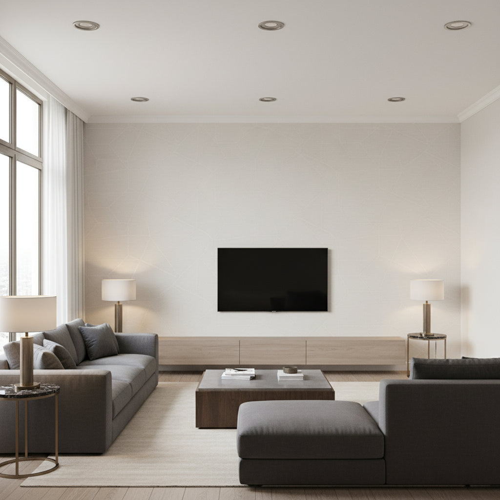 Celestial Loom | Architectural Wallcoverings - Living Room Visualization (AI-generated, may not be to scale. Verify pattern scale with product specifications.)