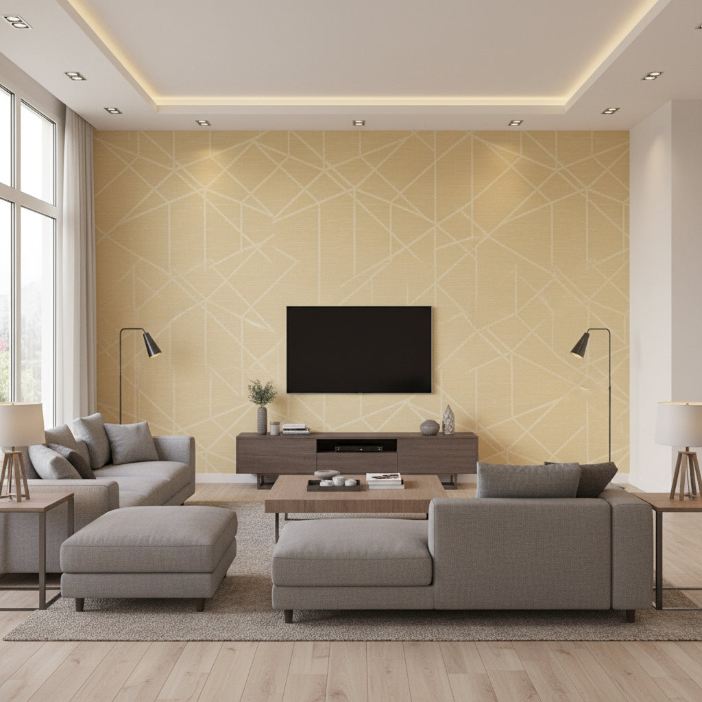 Celestial Loom | Architectural Wallcoverings - Living Room Visualization (AI-generated, may not be to scale. Verify pattern scale with product specifications.)