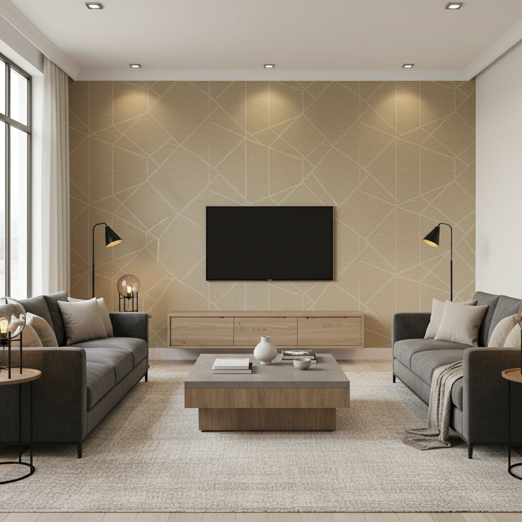 Celestial Loom | Architectural Wallcoverings - Living Room Visualization (AI-generated, may not be to scale. Verify pattern scale with product specifications.)