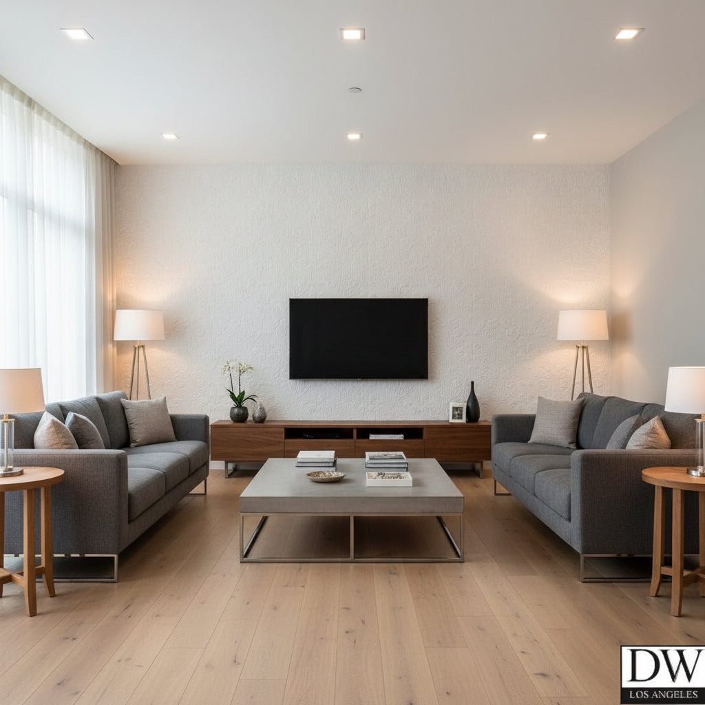 Charles Paintable Supaglypta | Jeffrey Stevens - Living Room Visualization (AI-generated, may not be to scale. Verify pattern scale with product specifications.)