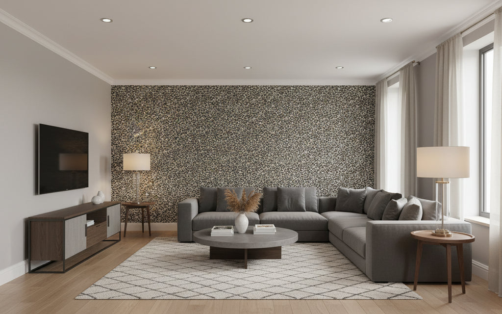 Chloe Cheetah - Living Room Visualization (AI-generated, may not be to scale. Verify pattern scale with product specifications.)