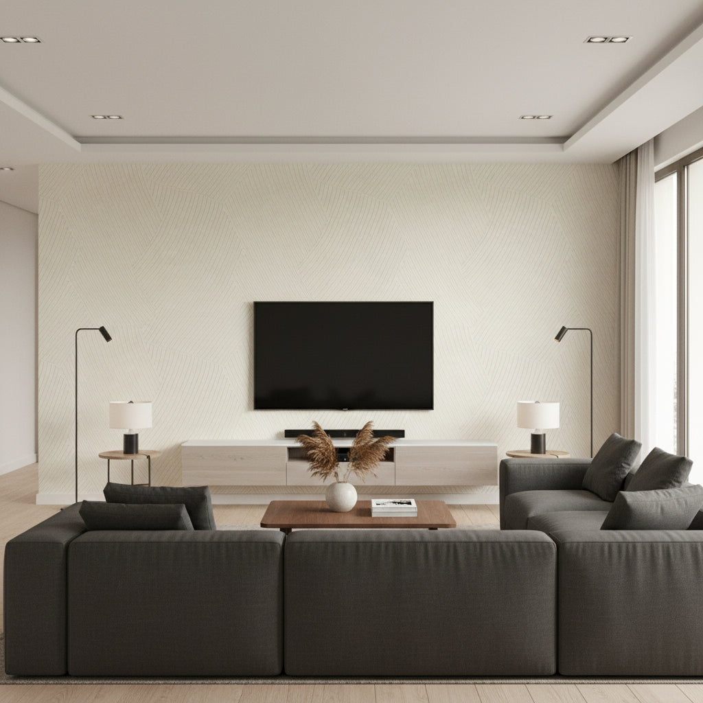 Circolo À Même La Matière | Elitis - Living Room Visualization (AI-generated, may not be to scale. Verify pattern scale with product specifications.)