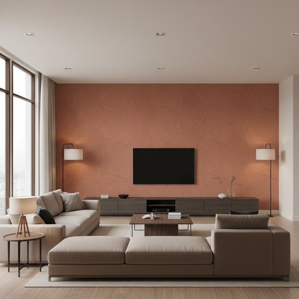 Circolo Détour À La Bisbal | Elitis - Living Room Visualization (AI-generated, may not be to scale. Verify pattern scale with product specifications.)
