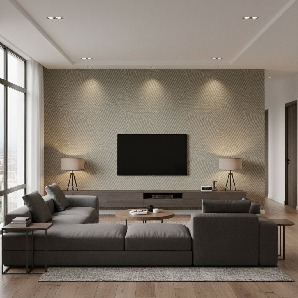 Circolo Façonner L'espace | Elitis - Living Room Visualization (AI-generated, may not be to scale. Verify pattern scale with product specifications.)
