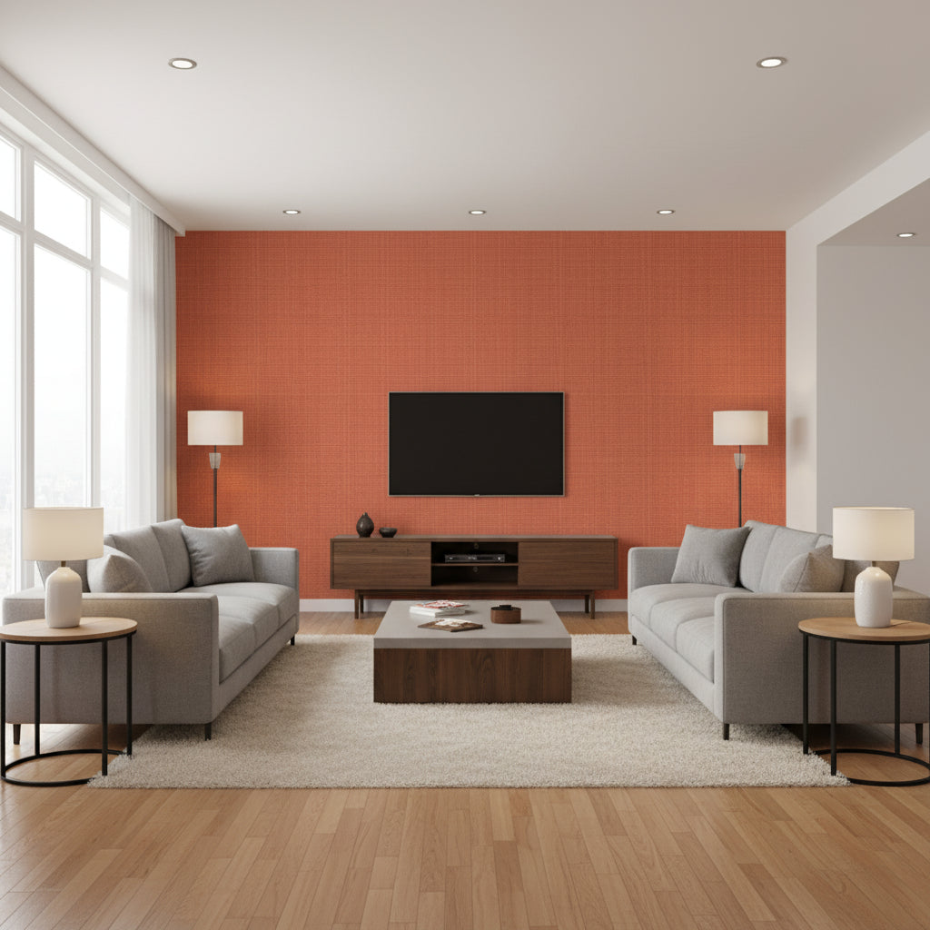 Adalyn Weave Copper | Architectural Wallcoverings - Living Room Visualization (AI-generated, may not be to scale. Verify pattern scale with product specifications.)