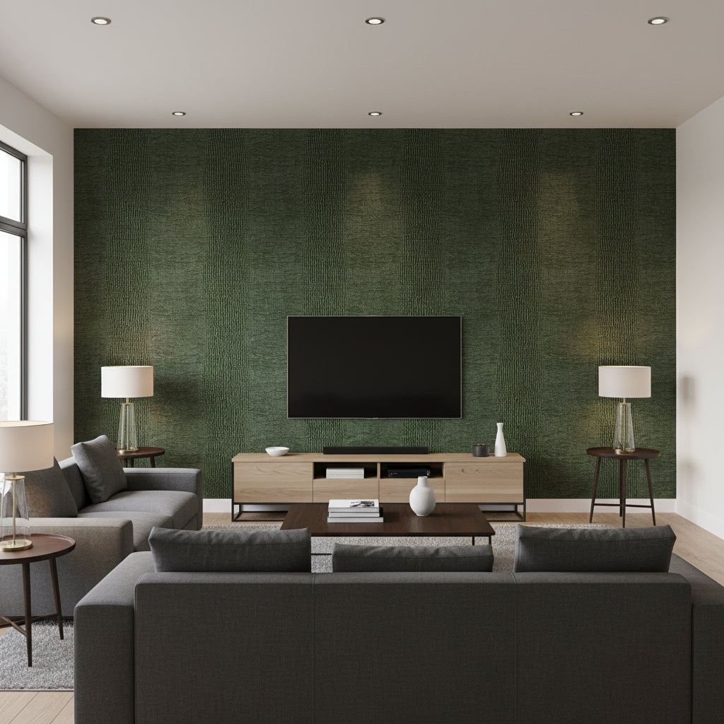 Crocodile Animal Skin Faux Wallcovering - Living Room Visualization (AI-generated, may not be to scale. Verify pattern scale with product specifications.)