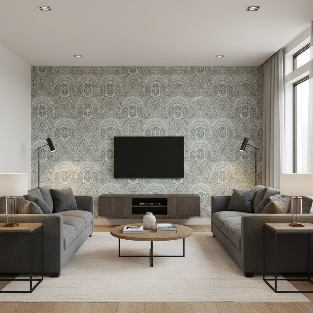 Crayford Paisley Dove |    Ralph Lauren - Living Room Visualization (AI-generated, may not be to scale. Verify pattern scale with product specifications.)