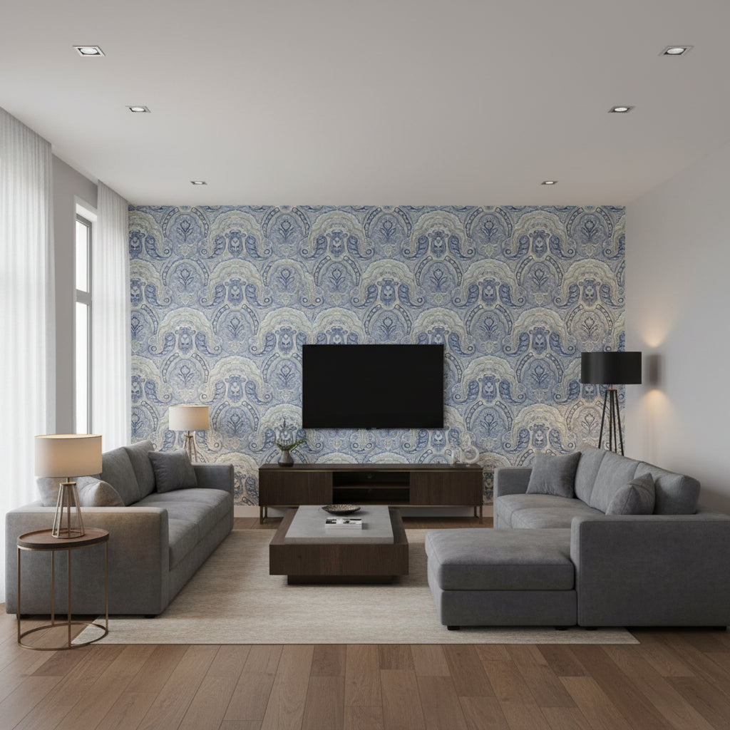 Crayford Paisley Porcelain |    Ralph Lauren - Living Room Visualization (AI-generated, may not be to scale. Verify pattern scale with product specifications.)