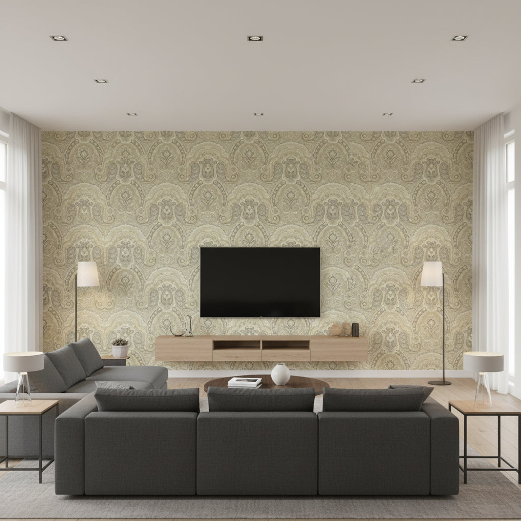 Crayford Paisley Stone |    Ralph Lauren - Living Room Visualization (AI-generated, may not be to scale. Verify pattern scale with product specifications.)