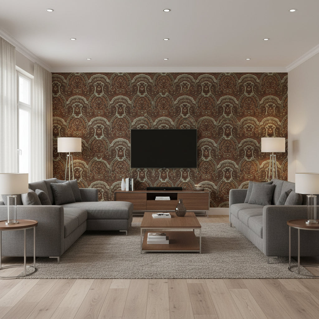 Crayford Paisley Tobacco |    Ralph Lauren - Living Room Visualization (AI-generated, may not be to scale. Verify pattern scale with product specifications.)