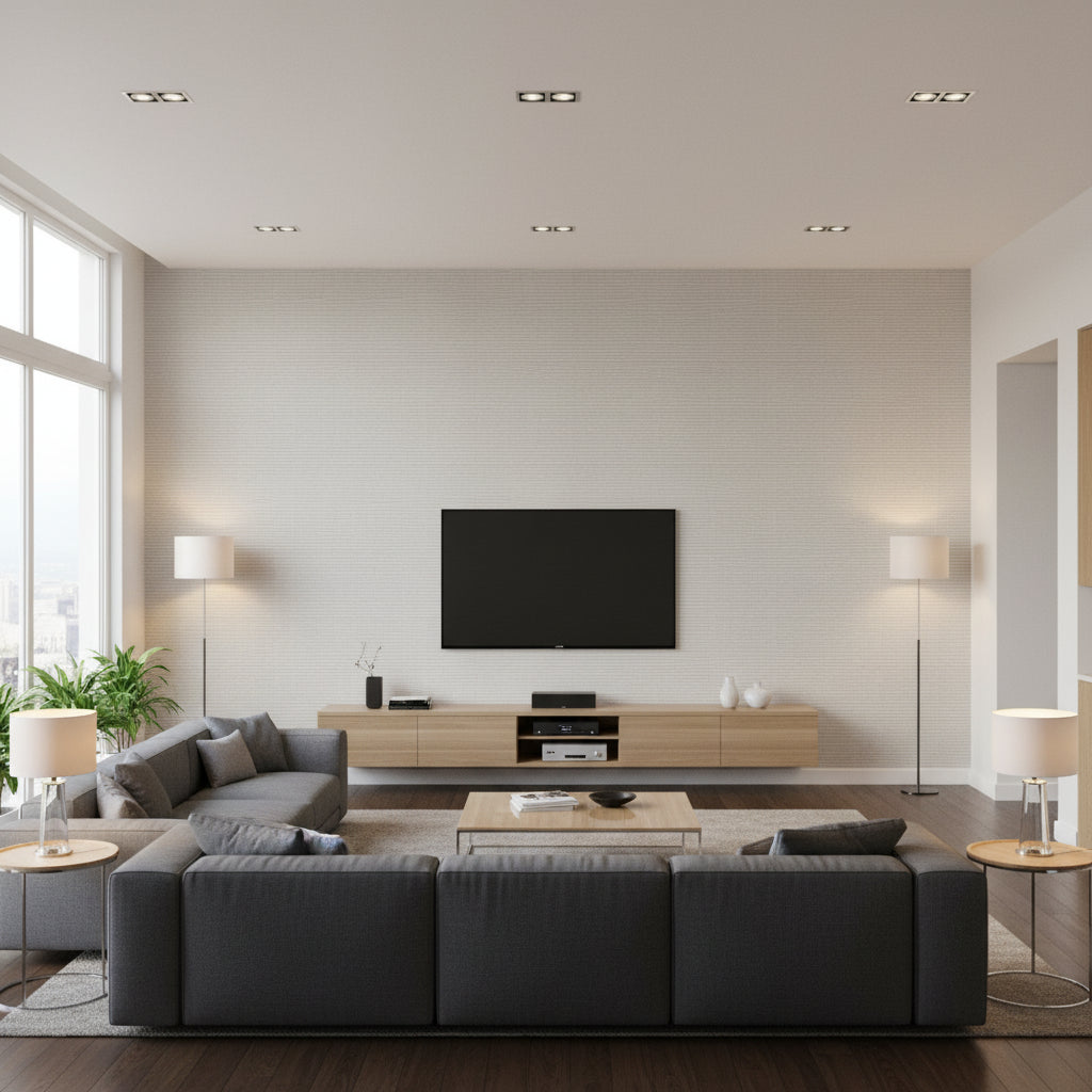 STOFFA Wallcoverings (CW10004) – Oyster | Thibaut - Living Room Visualization (AI-generated, may not be to scale. Verify pattern scale with product specifications.)