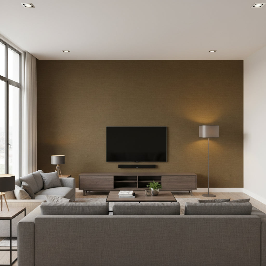 SETA Wallcoverings (CW10012) – Bronze | Thibaut - Living Room Visualization (AI-generated, may not be to scale. Verify pattern scale with product specifications.)