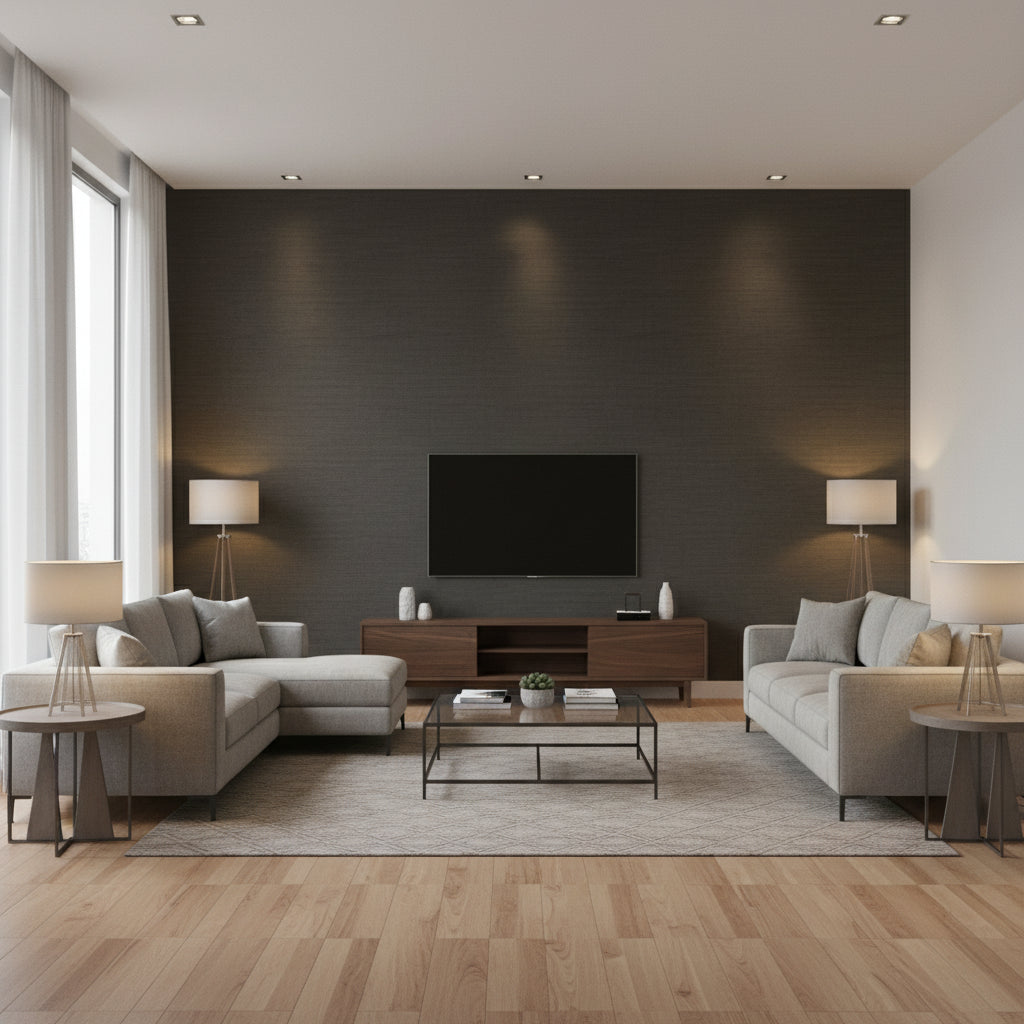 SETA Wallcoverings (CW10014) – Warm Brown | Thibaut - Living Room Visualization (AI-generated, may not be to scale. Verify pattern scale with product specifications.)