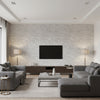 WAVES Wallcoverings (CW10029) – Ivory and Grey | Thibaut - Living Room Visualization (AI-generated, may not be to scale. Verify pattern scale with product specifications.)