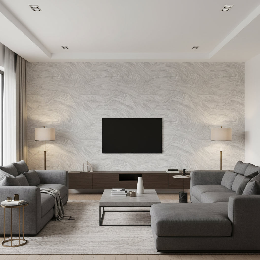 WAVES Wallcoverings (CW10029) – Ivory and Grey | Thibaut - Living Room Visualization (AI-generated, may not be to scale. Verify pattern scale with product specifications.)