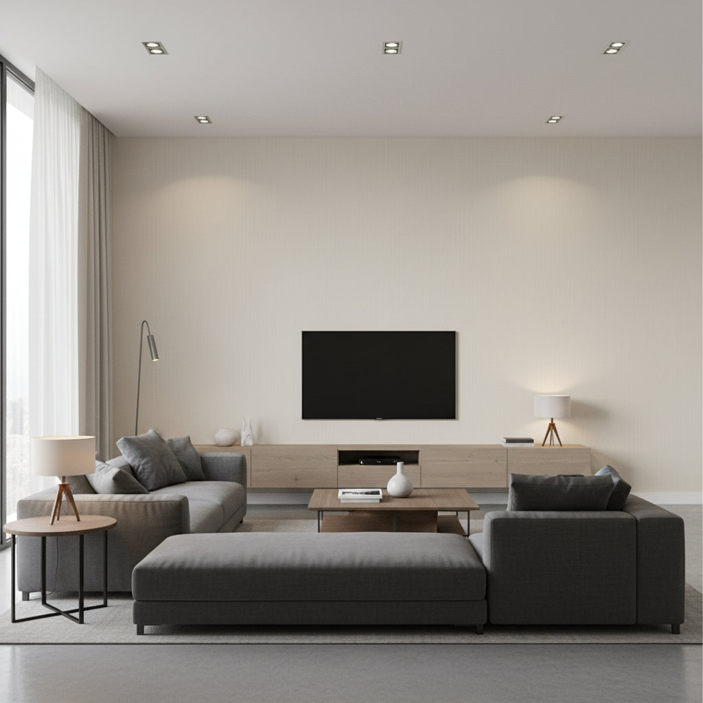 BENE WEAVE Wallcoverings (CW10032) – Beige | Thibaut - Living Room Visualization (AI-generated, may not be to scale. Verify pattern scale with product specifications.)
