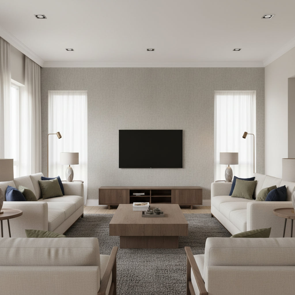 BENE WEAVE Wallcoverings (CW10033) – Steel | Thibaut - Living Room Visualization (AI-generated, may not be to scale. Verify pattern scale with product specifications.)