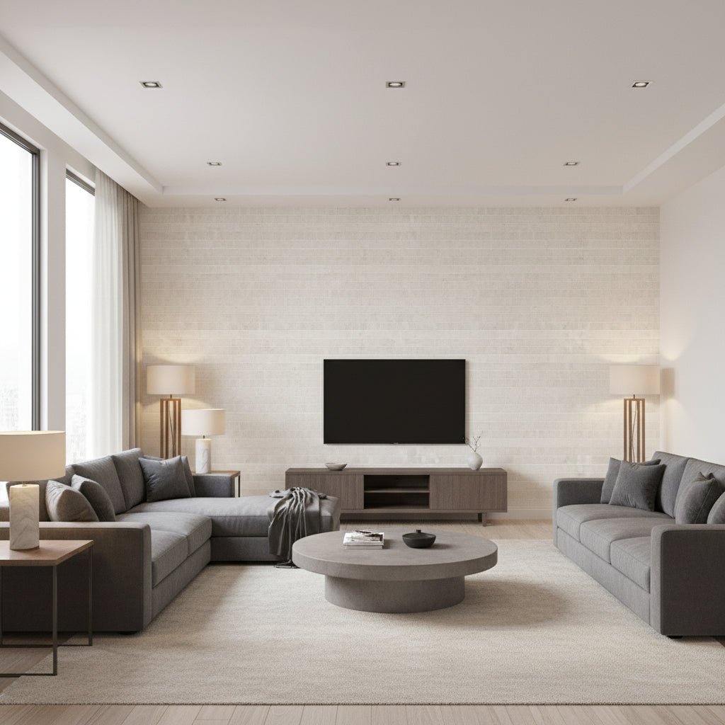 KAMI Wallcoverings (CW10034) – White | Thibaut - Living Room Visualization (AI-generated, may not be to scale. Verify pattern scale with product specifications.)